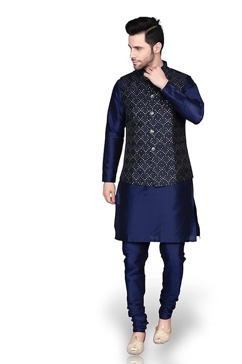 Men's Silk Blend Kurta Churidar Pyjama with Ethnic Bundi Jacket Set