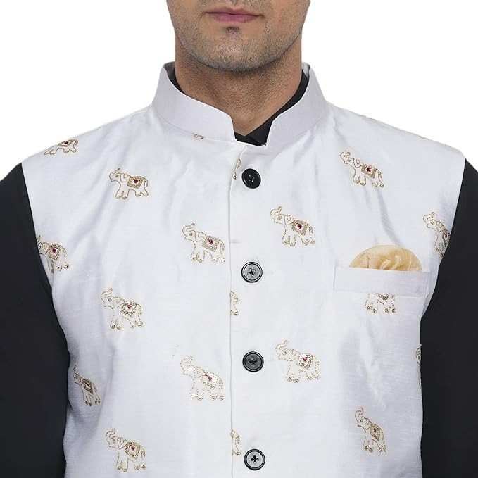 Veera Paridhaan Men's Silk Elephant Print Nehru Jacket