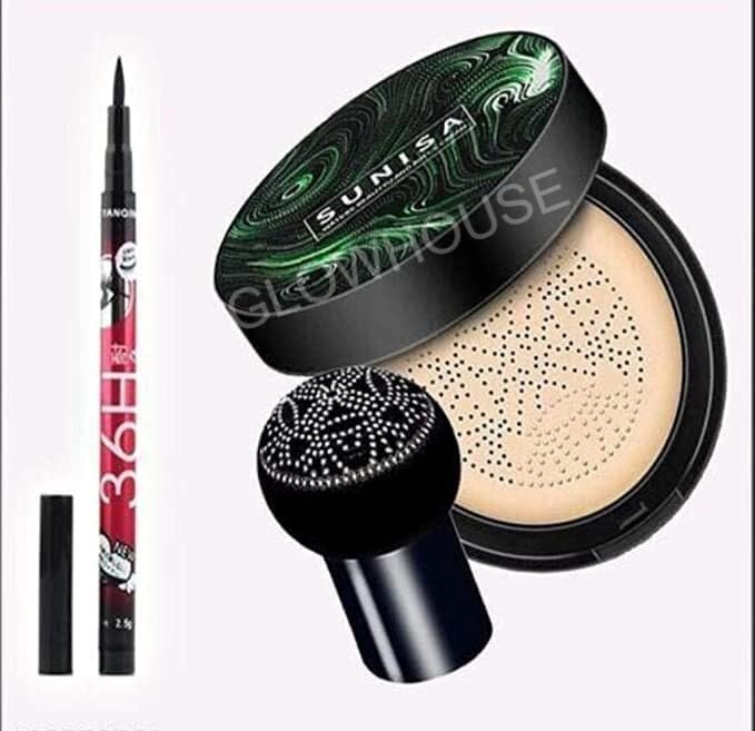 Glowhouse 3 in 1 Air Cushion CC and BB cream Waterproof foundation With Mushroom Puff & 36H Black Waterproof Liquid Long-lasting Eye Liner Pencil Makeup combo