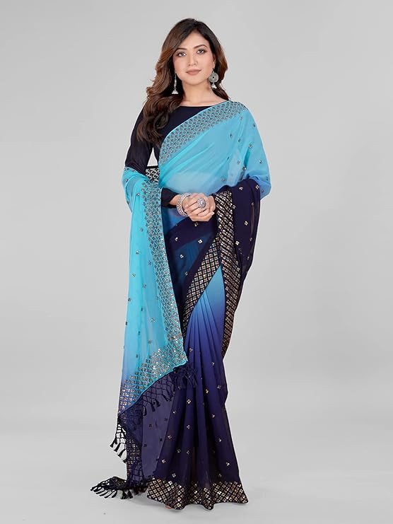 Pratham Blue Women's Sequins Georgette Fancy Saree With Blouse Piece