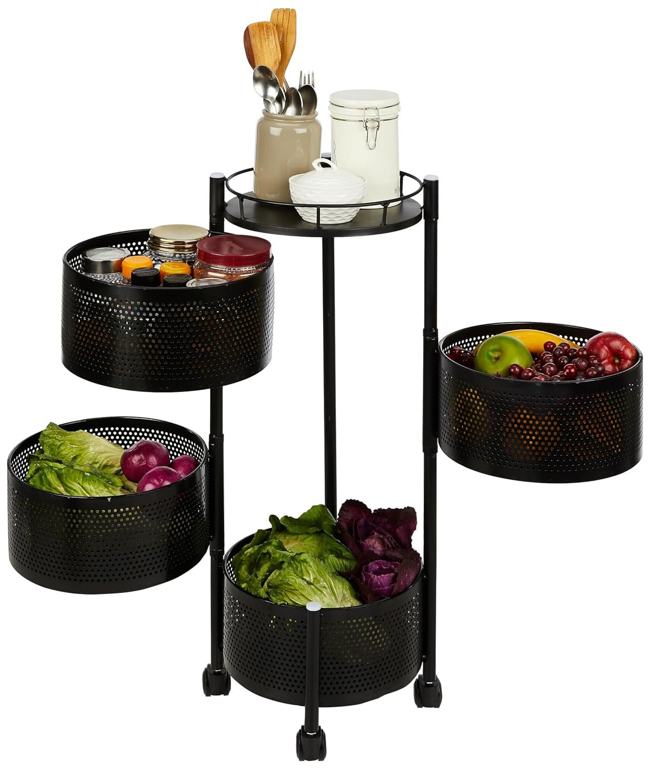 Amazon Brand - Solimo 4 Layer Rotating Kitchen Trolley for Storing Fruits & Vegetables, Black